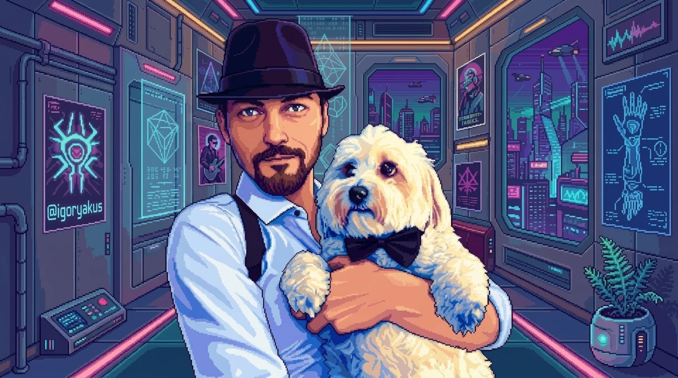 Igor Kobyshcha with his dog in a pixel-art cyberpunk room